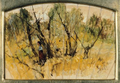 Floresta com uma figura, o estudo de um ventilador, de Giovanni Fattori, óleo sobre papel sobre tela de Giovanni Fattori