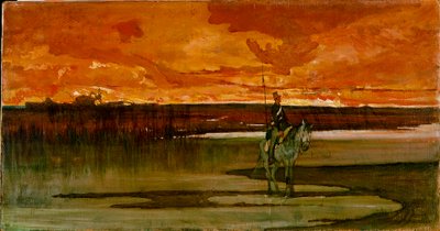 Lanciere di vedetta presso un fiume O vigia do rio. Pintura de Giovanni Fattori (1825-1908) 1885-1890 Sol. 27x57 cm Florença, Galleria d