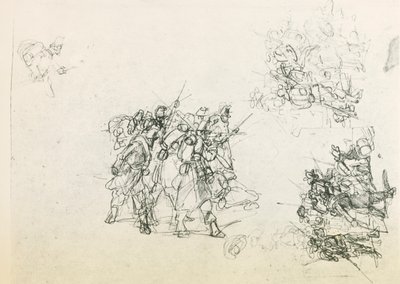 Três esboços para grupos de soldados (lápis preto) de Giovanni Fattori