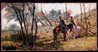 Dois soldados cavalgando debaixo das árvores (Duas pernas de cavalo) - Pintura de Giovanni Fattori