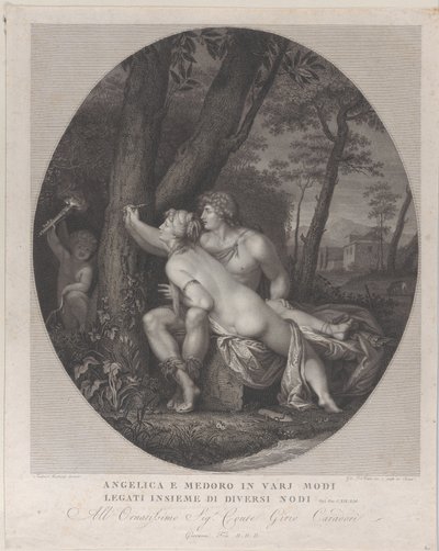 Angélica deitada no colo de Medoro e escreve seus nomes em um tronco de árvore, 1784-1836. de Giovanni Folo