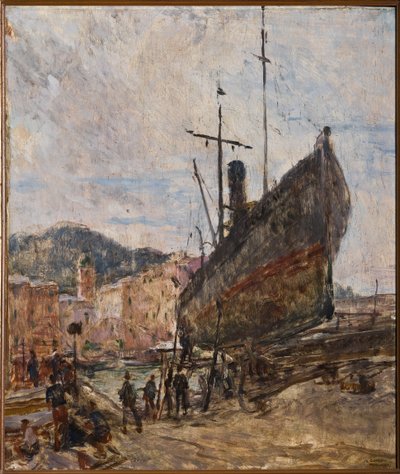 Porto e Barco (óleo a bordo) de Giovanni Forghieri