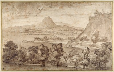 Paisagem com uma cidade montanhosa e uma montanha mais distante (caneta e tinta marrom com lavagem marrom em papel branco) de Giovanni Francesco Grimaldi