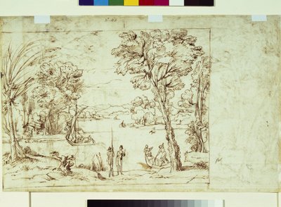 Paisagem com figuras na margem de um rio (caneta e tinta sobre papel) de Giovanni Francesco Grimaldi