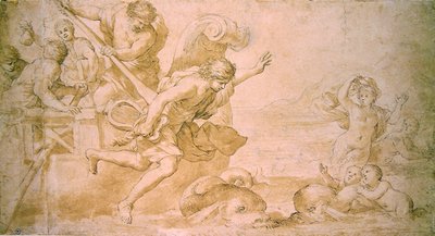 Arion and the Dolphins (caneta e tinta castanha e lavagem em papel) de Giovanni Francesco Romanelli
