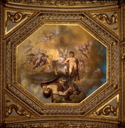Persegue matar o Meduse. Pintura de Giovanni Romanelli (1601-1662) decorando o teto do Antonine Hall, quarto dos apartamentos de verão da Rainha Ana da Áustria (1601-1666). Por volta de 1655-1658. Paris, Museu do Louvre. de Giovanni Francesco Romanelli