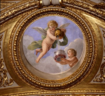 Amor de continência. Pintura de Giovanni Romanelli (1601-1662) decorando o teto do Antonine Hall, quarto dos apartamentos de verão da Rainha Ana da Áustria (1601-1666). Por volta de 1655-1658. Paris, Museu do Louvre. de Giovanni Francesco Romanelli