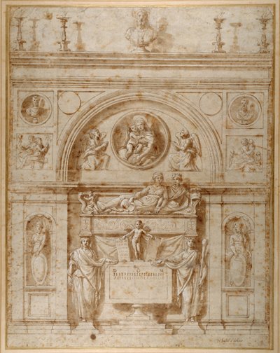 Design para um túmulo de parede à maneira Etrusca (caneta e tinta sobre papel) de Giovanni Francesco (c.1488 1528) Penni