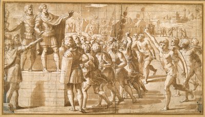 O Imperador Constantino, dirigindo-se às suas tropas, assustado com a visão da Cruz no céu (caneta e tinta castanha com lavagem castanha e altura) de Giovanni Francesco (c.1488 1528) Penni