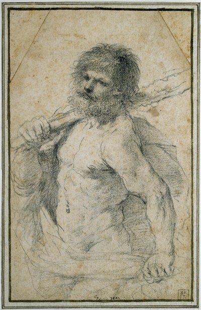 Hércules, 1555 - 1666 (giz preto sobre papel branco) de Giovanni Francesco Barbieri