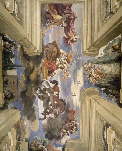 A Sala di Aurora Salão do detalhe Dawn do teto retratando Dawns chariot, 1621 têmpera no painel de Giovanni Francesco Barbieri