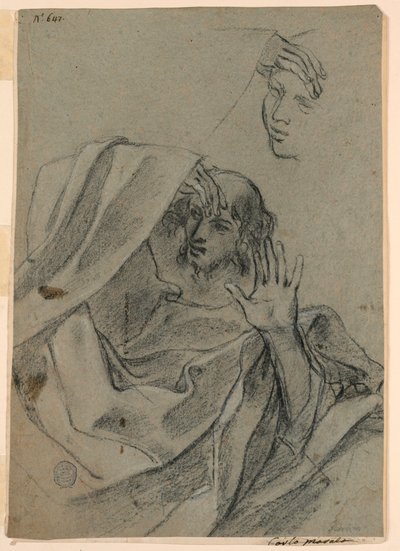 Estudos de desenho com rosto de mulher e homem reclinado e mão direita com antebraço de Giovanni Francesco Barbieri