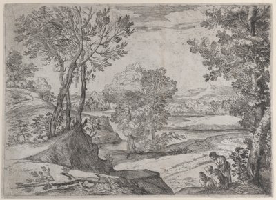 Uma família sentada à beira de um rio, 1643. de Giovanni Francesco Grimaldi