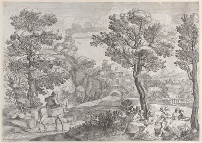 Um grupo de pessoas jogando cartas à direita e um homem a cavalo à esquerda, 1626-80. de Giovanni Francesco Grimaldi