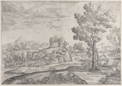 Uma casa em cima de uma pedra redonda no centro, pessoas no rio e em canoas, 1626-80. de Giovanni Francesco Grimaldi