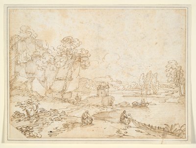Penhascos na margem do rio com pescadores de Giovanni Francesco Grimaldi