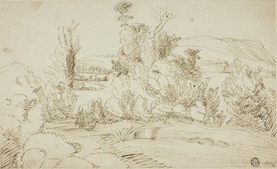 Bosque de árvores com colinas à distância de Giovanni Francesco Grimaldi