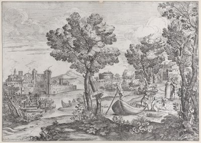 Paisagem com um homem segurando uma cobra para uma criança aterrorizada, observada por um vestido da moda, 1626-80. de Giovanni Francesco Grimaldi