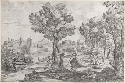 Paisagem com um homem segurando uma cobra para uma criança aterrorizada, observada por um vestido da moda, 1626-80. de Giovanni Francesco Grimaldi