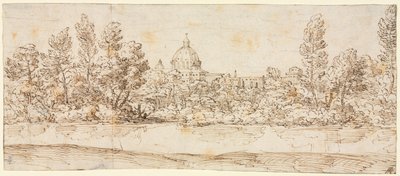 Paisagem fluvial com vista para a Basílica de São Pedro, depois de 1660. de Giovanni Francesco Grimaldi