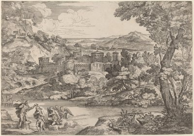 O batismo de Cristo, situado em uma paisagem montanhosa de Giovanni Francesco Grimaldi