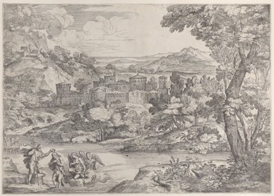 O Batismo de Cristo no canto inferior esquerdo, dentro de uma paisagem, 1626-80., 1626-80. de Giovanni Francesco Grimaldi