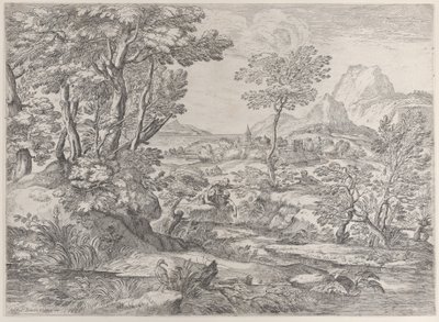 Três meninos em uma paisagem com uma cidade ao fundo, 1626-80. de Giovanni Francesco Grimaldi
