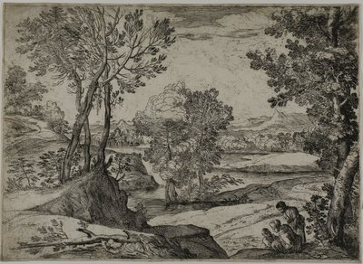 Mulher, seu filho e um homem de pé em uma paisagem de Giovanni Francesco Grimaldi
