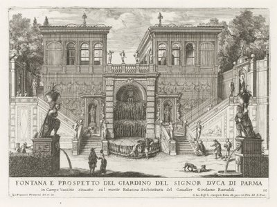 Farnesische Tuinen te Rome Fonte e alçado do jardim do Duque de Parma (...) (título no objeto) As fontes nos palácios e jardins de Roma (título da série) Fonteinen in de paleizen en tuinen van Rome (título da série) de Giovanni Francesco Venturini