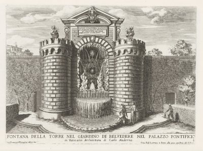 Fontein in de Vaticaanse tuinen
Fontana della torre nel giardino di Belvedere nel Palazzo Pontificio (...) (título sobre o objecto)
Le fontane ne palazzi e ne giardini di Roma (título da série)
Fonteinen in de paleizen en tuinen van Rome (título da séri de Giovanni Francesco Venturini
