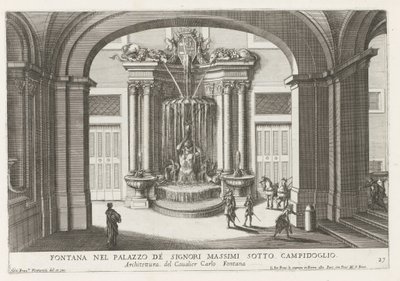 Fontein in de binnenplaats van het Palazzo Massimo di Rignano te Rome Fonte no Palazzo de Signori Massimi sob o Campidoglio (título no objeto) As fontes nos palácios e jardins de Roma (título da série) Fonteinen in de paleizen en tuinen van Rome (grave de Giovanni Francesco Venturini