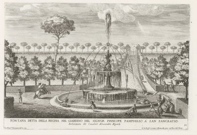 Fontein in de tuinen van Villa Doria Pamphilj te Rome
Fontana detta della regina nel giardino del signor principe Pamphilio a San Pancratio (título sobre o objecto)
Le fontane ne palazzi e ne giardini di Roma (título da série)
Fonteinen in de paleizen e de Giovanni Francesco Venturini
