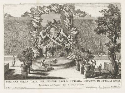 Fonte com um brasão de armas papal, dois tritões e golfinhos
Fontana nella casa del signor Paolo strada situata in strada nova (título sobre o objecto)
Le fontane ne palazzi e ne giardini di Roma (título da série)
Fontes nos palácios e jardins de Roma ( de Giovanni Francesco Venturini