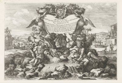 Fonte com dedicatória e brasão de Livio Odescalchi Le fontane ne palazzi e ne giardini di Roma (título da série) Fontes nos Palácios e Jardins de Roma (título da série) de Giovanni Francesco Venturini