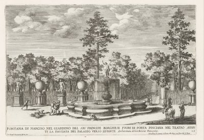 Fontein van Narciso em de Villa Borghese te Roma Fonte de Narciso no jardim do Sr. Príncipe Borghese (...) (título no objeto) As fontes nos palácios e jardins de Roma (título da série) Fonteinen in de paleizen en tuinen van Rome (título da série) de Giovanni Francesco Venturini