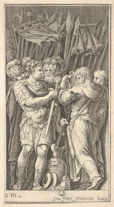 Soldados, um mostrado frontalmente e segurando uma espada, à direita um soldado com sua ba ..., ca. 1650-1700. de Giovanni Francesco Venturini