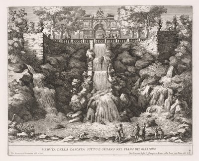 As Fontes de Roma, Livro IV, placa 21: Vista da Cascata abaixo do Órgão do Jardim. de Giovanni Francesco Venturini