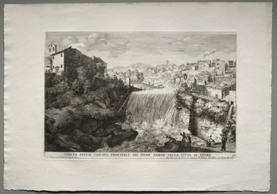 As Fontes de Roma, Livro IV, placa 27: Vista da Cascata Principal do Rio Aniene na Cidade de Tivoli. de Giovanni Francesco Venturini