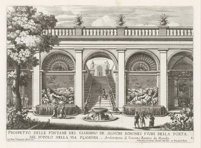 Tuin van een paleis te Rome
Prospetto delle fontane nel giardino de signori Boromei (...) (título sobre o objecto)
Le fontane ne palazzi e ne giardini di Roma (título da série)
Fonteinen in de paleizen en tuinen van Rome (título da série) de Giovanni Francesco Venturini