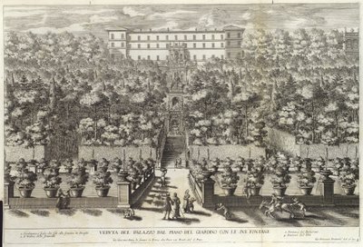 Vista do palácio do plano do jardim com suas fontes, de La Fontane, bar. c 1691 de Giovanni Francesco Venturini