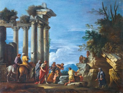 Uma ruína do templo com Pitágoras emergindo do submundo, segunda metade do século XVII. de Giovanni Ghisolfi