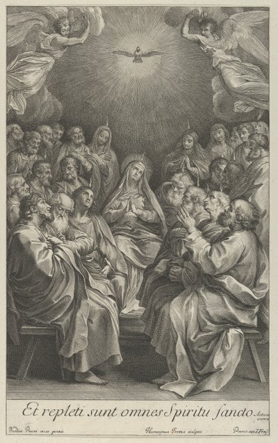A Virgem com os apóstolos olhando para a Pomba Sagrada e dois anjos, depois de Reni, 1700-50. de Giovanni Girolamo Frezza