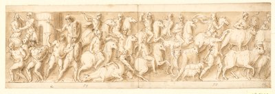 Um assentamento alemão é destruído (final da LXXI); os alemães em fuga são perseguidos (LXXII); Mulheres (não representadas pela Guerra) e animais levados (LXXIII) de Giovanni Guerra