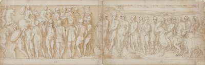 Os bárbaros saúdam o imperador (CXIV); Alemães e sármatas são trazidos através do Danúbio de navio (interpretado de forma diferente por Guerra; CXV) de Giovanni Guerra