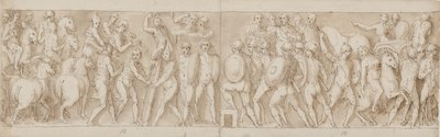 Fim de uma marcha do imperador com seus legionários e guardas (final do XCIII); os romanos construindo um acampamento (início de XCIV); os romanos em marcha com o imperador (XXXV / XXXVI) de Giovanni Guerra