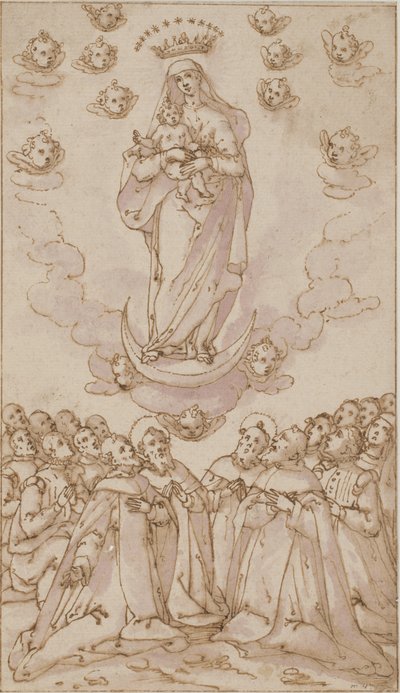 Madonna e criança em uma lua crescente aparecendo para um grupo de santos, padres e leigos de Giovanni Guerra