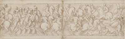 Marco Aurélio parte sobre um cais com infantaria e cavalaria (CVIII); os sármatas são repelidos pelo avanço dos romanos (CIX) de Giovanni Guerra