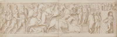 Arqueiros romanos(?), assalto romano (XCIX); Marco Aurélio dirigindo-se a seus guardas (C); Marco Aurélio recebe um aviso (CI) de Giovanni Guerra