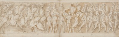 cavalaria romana (LXV); uma cabeça decepada (interpretada como prisioneiro por Guerra) e um prisioneiro alemão são levados perante o imperador (LXVI); Romanos avançando (LXVII) de Giovanni Guerra