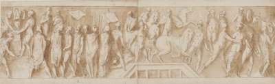 Soldados romanos construindo um acampamento (final de LXXXII); um endereço (LXXXIII); Romanos atravessando um rio em uma ponte flutuante (LXXXIV); mulheres são feitas prisioneiras (início de LXXXV) de Giovanni Guerra